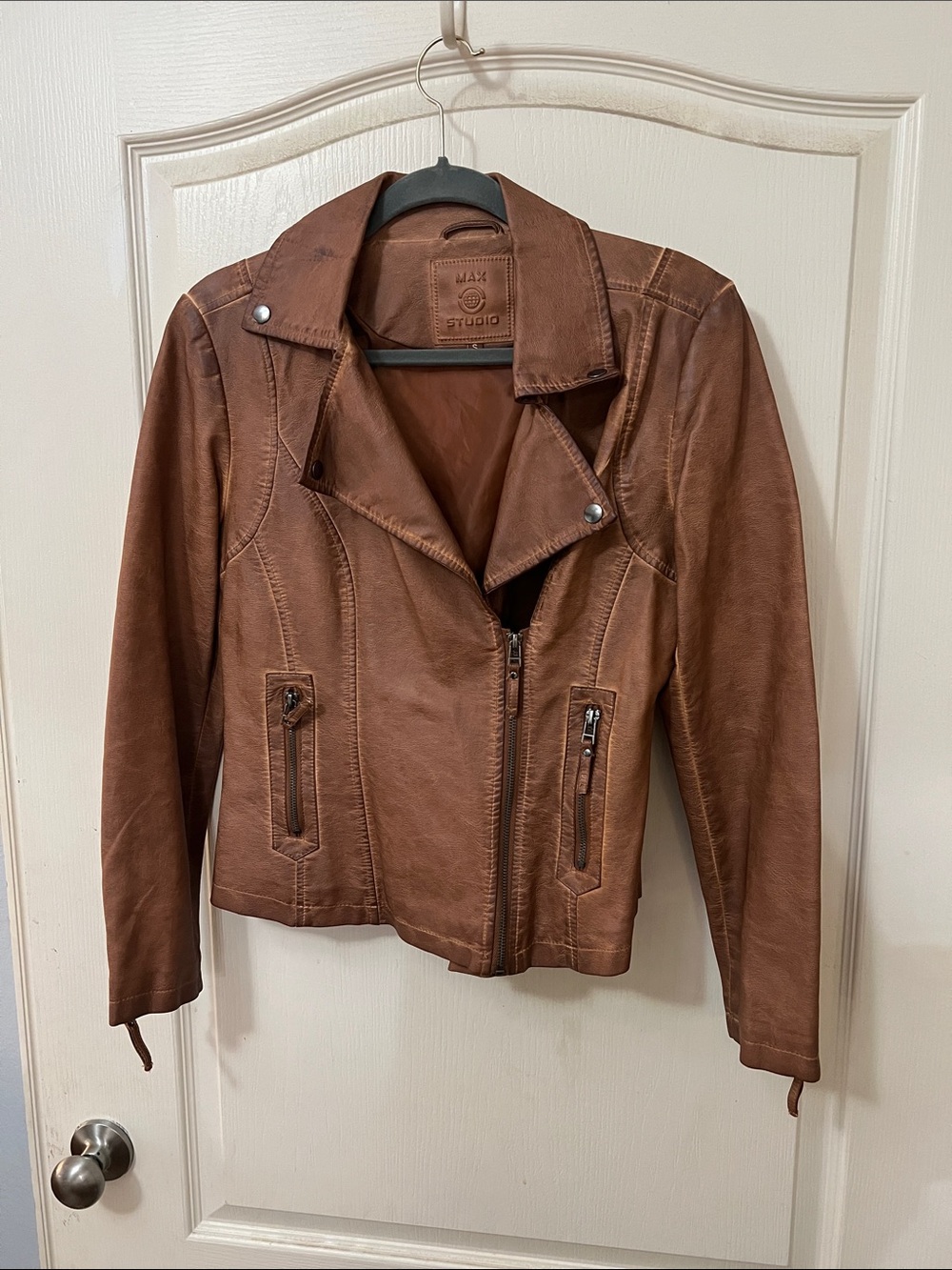 Max Studio Cognac Brown Faux Leather Moto Jacket